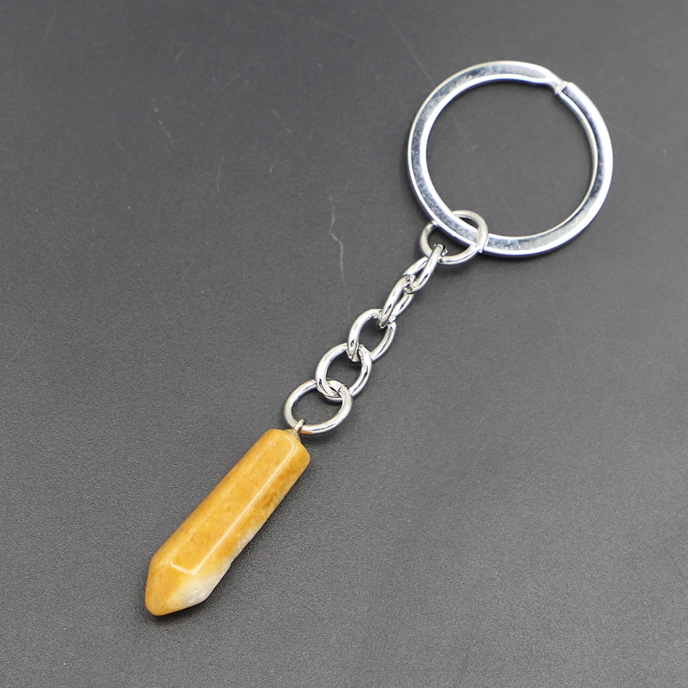 Natural Stone Hexagonal Column Keychain Stripe Agates Pendants Key Rings on Bag Car Jewelry Party Friends Gift