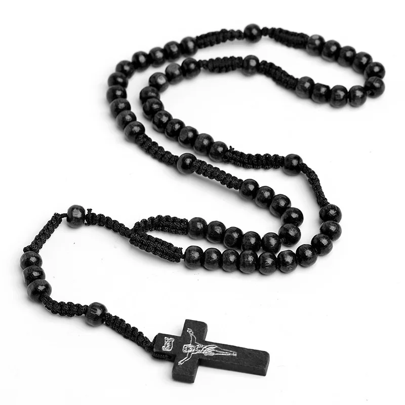 Jesus Cross Pendant Natural Wood Beads Jewelry Religious Catholic Rosary Necklace Christian prayer beads Gifts