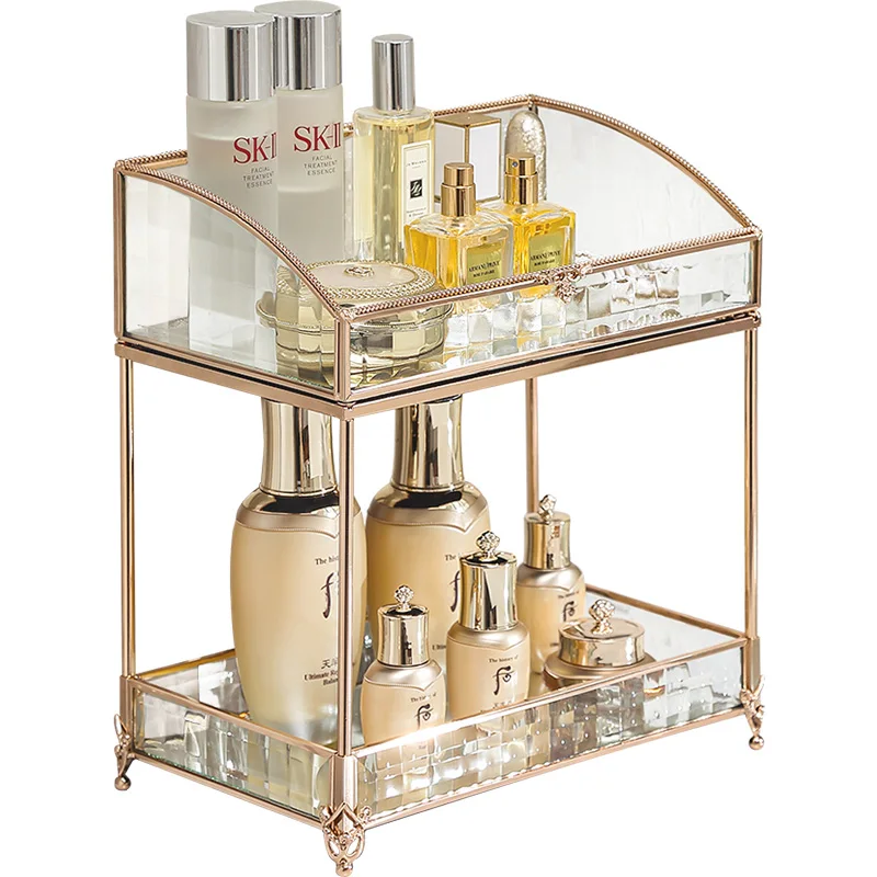 Luxury Glass Metal Makeup Organizer Shelf Detachable 2 Tier Cosmetic Storage Basket Display Rack for Bathroom Dresser Countertop