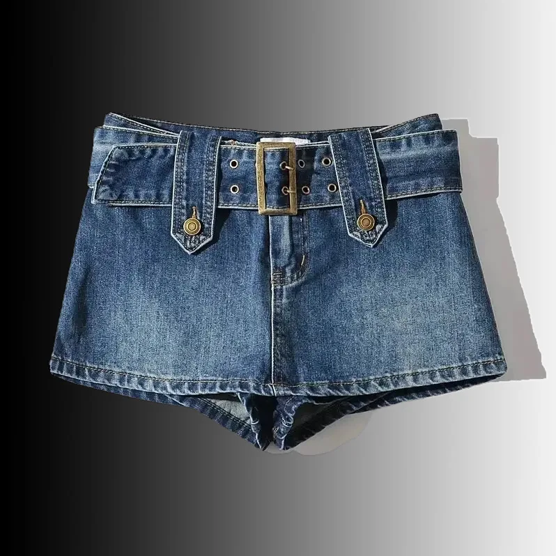 Dark Blue Low Waist Short Jeans for Women Hot Girls Sexy Jeans Fashion Belt Petite Mini Skirts Shorts