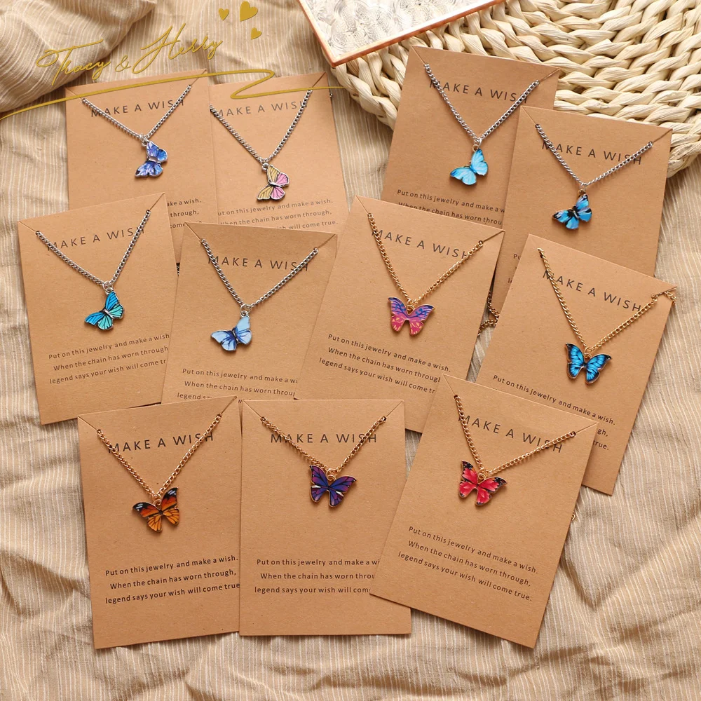 Tracy & Herry Feather CLASSIC Jewelry Alloy Gold Plated Necklace Set Colorful Butterfly Pendant Necklace With Packaging Card