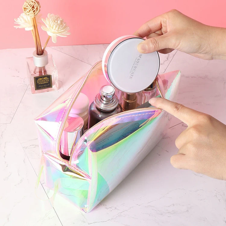 Custom Waterproof PVC Glitter Transparent Toiletries Bag Clear Vinyl Translucent Makeup Pouch Holographic Cosmetic Travel Bag