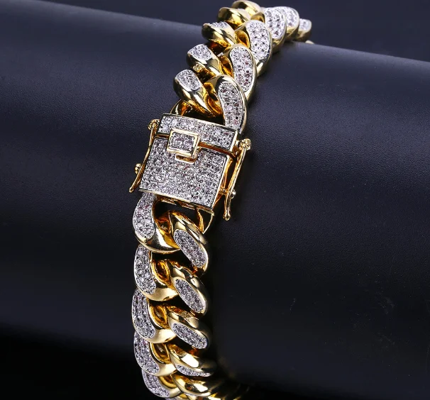 
Hip Hop Jewelry 7' Gold Plated Iced Out CZ diamond bling brass copper Cuban Link Bracelet 