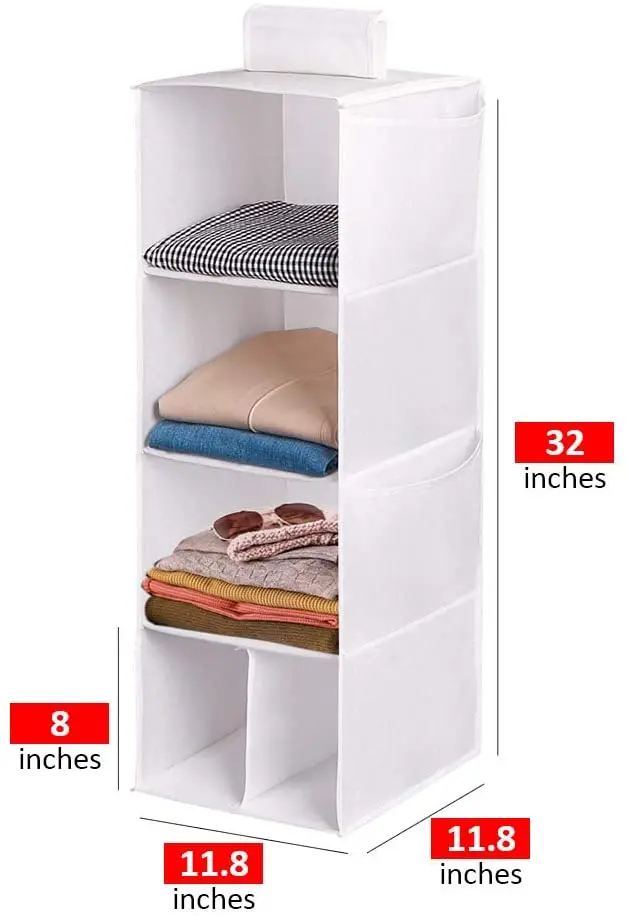 4 Shelves Hanging Closet Organizer Cloth Hanging Shelves for Closet Organizer with Hook and Loops