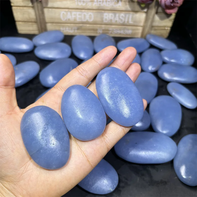 High Quality Hand Carved Crystal Natural Healing Gemstone Angelite Palm Stone For Gift