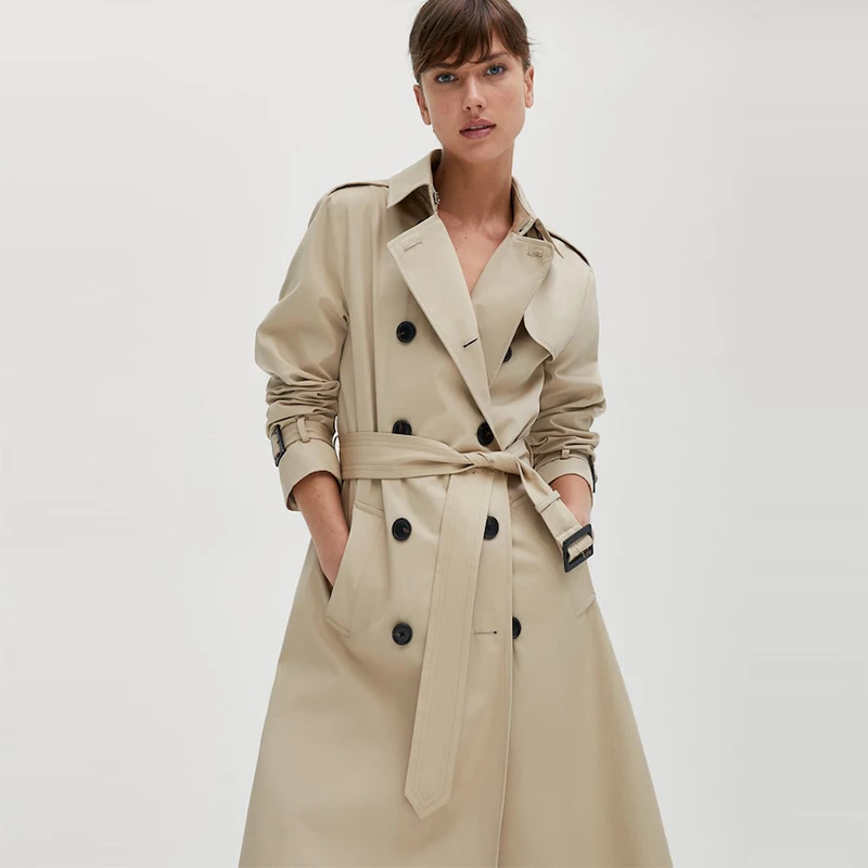 New Fashion Classic Solid Color 100% Cotton Button Long Coat Trench Coat With Belt Mid-length Plus Size Winter Outdoor Jackets