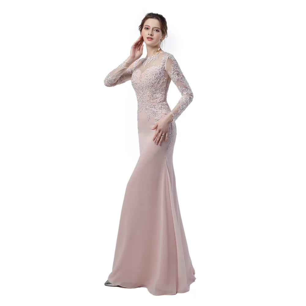 Blush Pink Bridesmaid Sheer Illusion See Through Long Sleeves Mermaid Long Chiffon Wedding Party Event Peach Brides Maid Dress