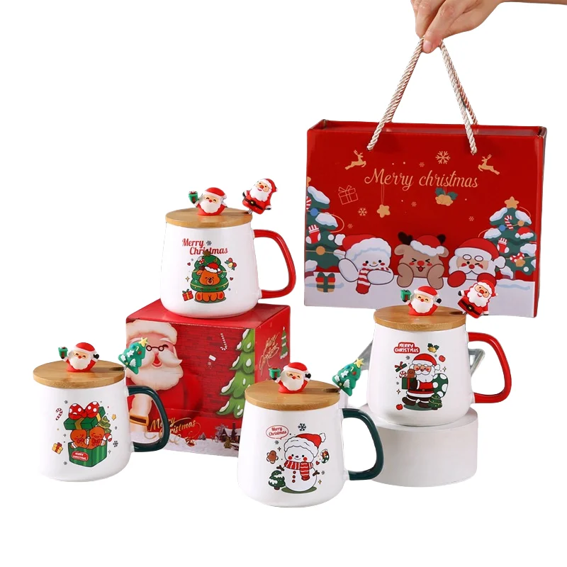 Cute Christmas gift set mug with lid spoon High appearance level Santa Elk ceramic mug with hand gift