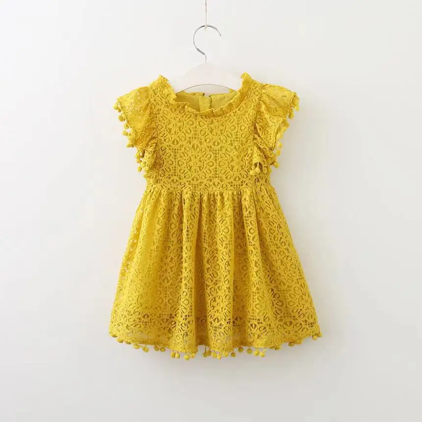 Green Horizon Summer Solid Lovely Lace Baby Princess Dresses 3 color Openwork Design Short Sleeve Girl Dress