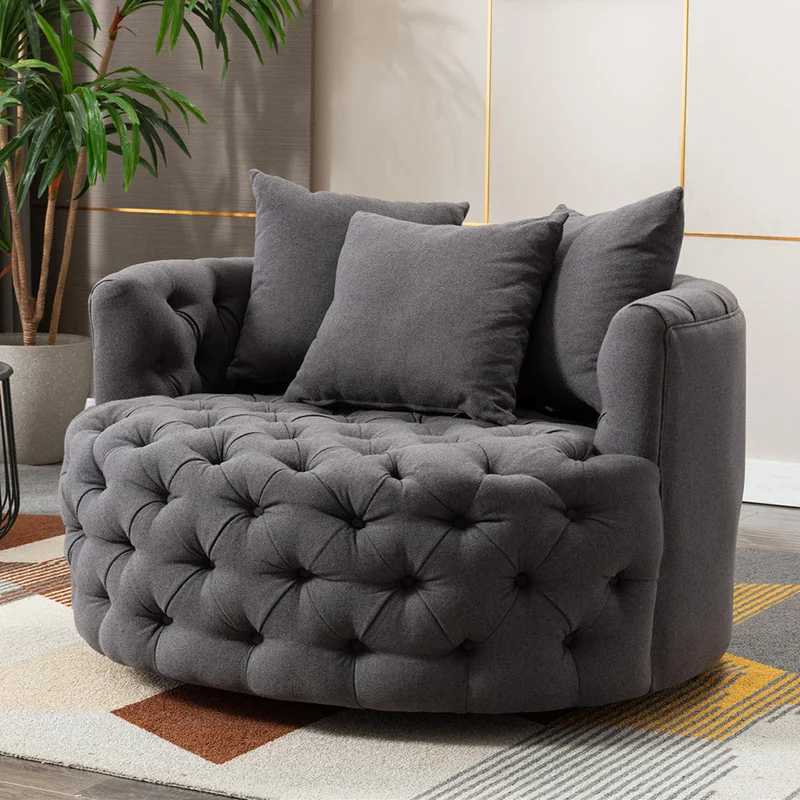 Modern stainless steel wide tufted swivel barrel chair nordic velvet button sofa for living room furniture barrel recliner chair