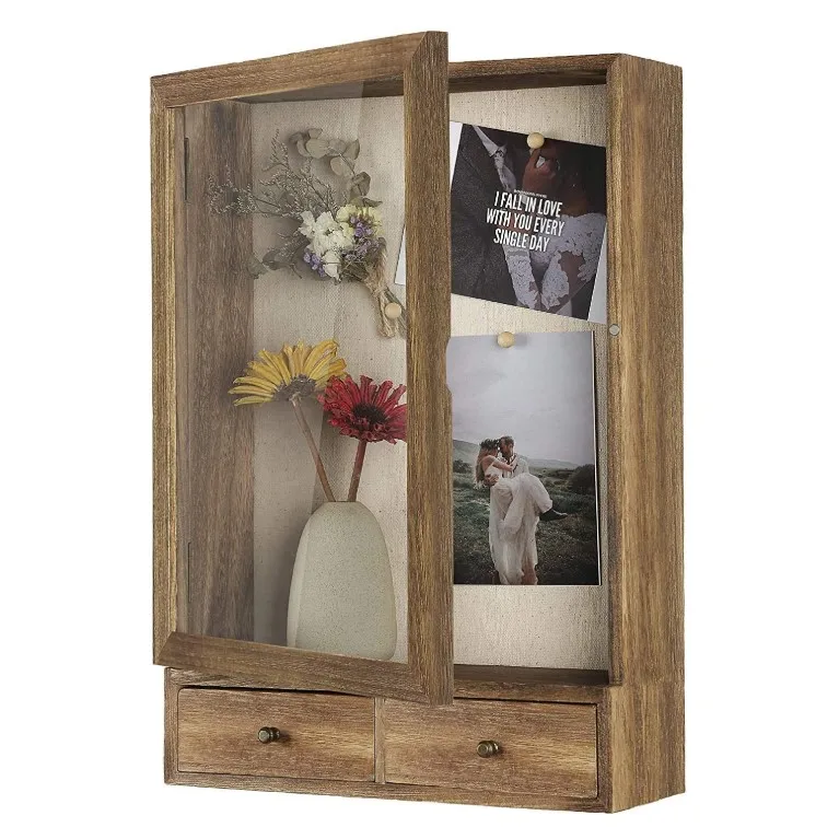 Shadow Box Frame 11x14 Shadow Box Display Case with 2 Drawers and Linen Back for Memorabilia, Photos, Deep Shadow Box Picture Fr