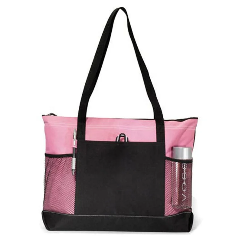 HOT Large Cheap Travel Exhibition Business Handle Carrier 600d Polyester Canvas Zippered Shopping Tote Bag With Mesh Pockets