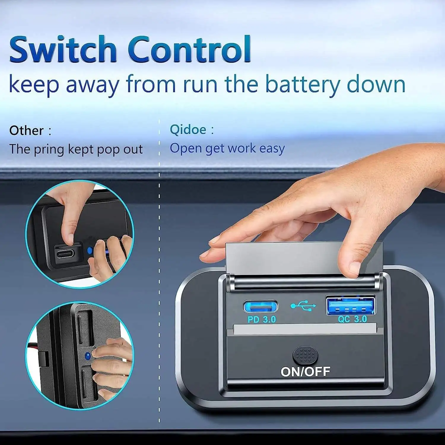 QC3.0 PD and  USB Square car Fast Charger with cover for Car, Boat, marine, RV,Truck