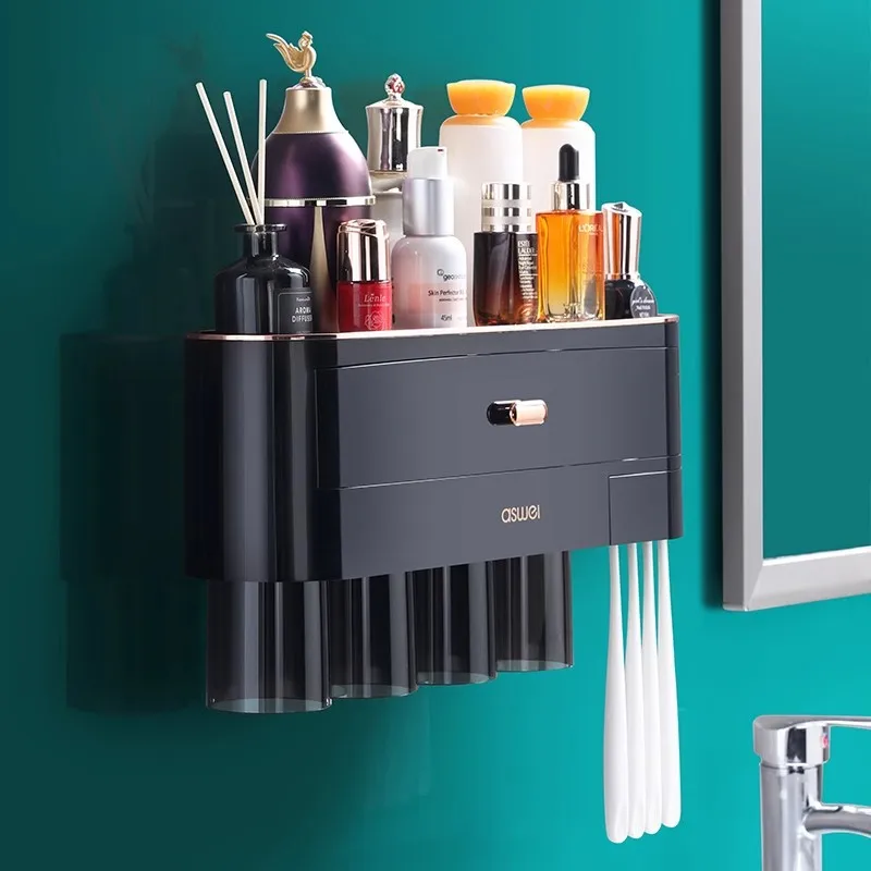New Design Multifunctional Automatic Toothpaste Tube Dispenser Wall Mounted Plastic Bathroom Organizer Toothbrush Holder