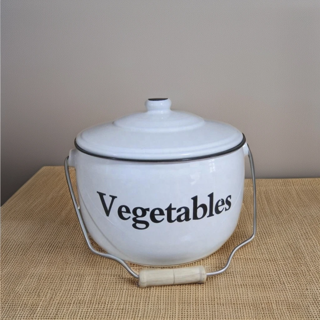 Enamel  Storage Pot Set With Traditional Decal Potato  Onion  Vegetable Pot