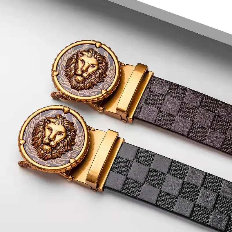 customized leather belt with lion head buckle