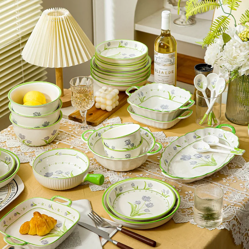 Home Kitchen Tableware Pale Green Flowers Printed Ceramic Bowls Plates And Soup Pot Set For Gift