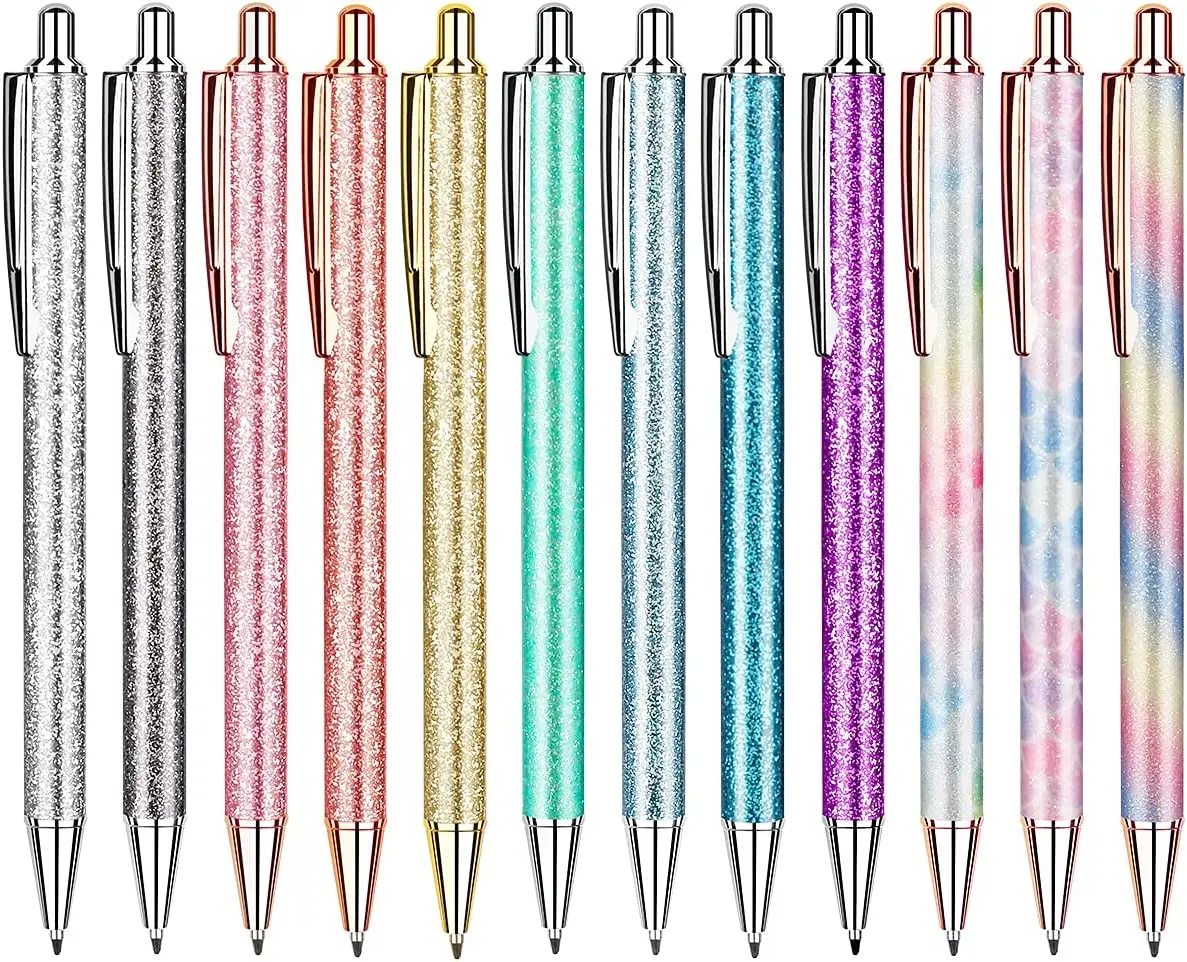 Glitter Pens with Metal Barrel, Retractable Fashion Pretty Pens, Bulk Office Pens with Medium Point