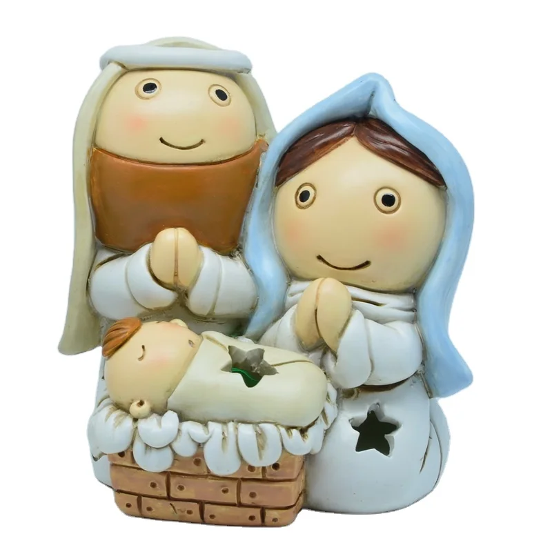 
Christmas Religious Crafts Holy Family Statues with LED Resin Charm Arts Catholic Statue 