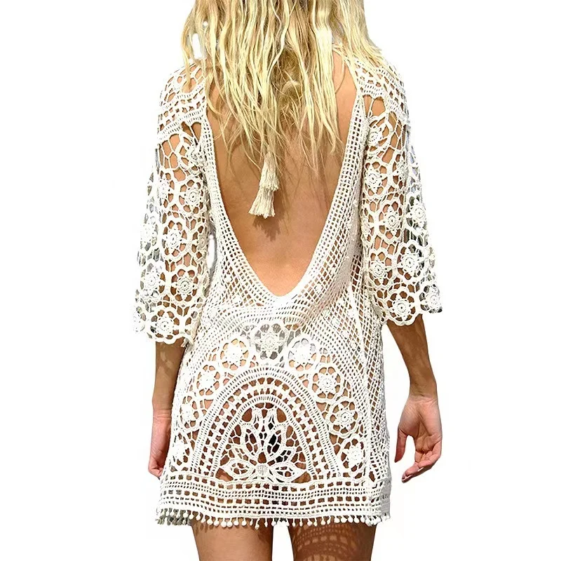 2023 Swimwear Cover Up Women White Lace Tunic Beach Dress Clothing Backless Bathing Suit Crochet Bikini Swimming Beach Wear