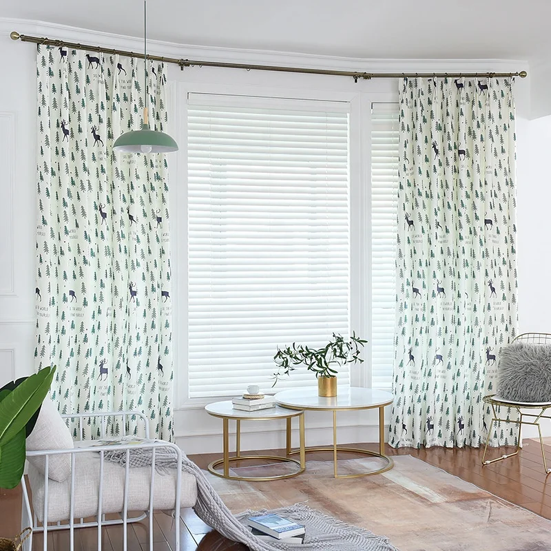 Nordic Style Christmas Milu Deer Animal And Pine Trees Print Bedroom Curtains Cartoon Plant Printed blackout thick Curtain