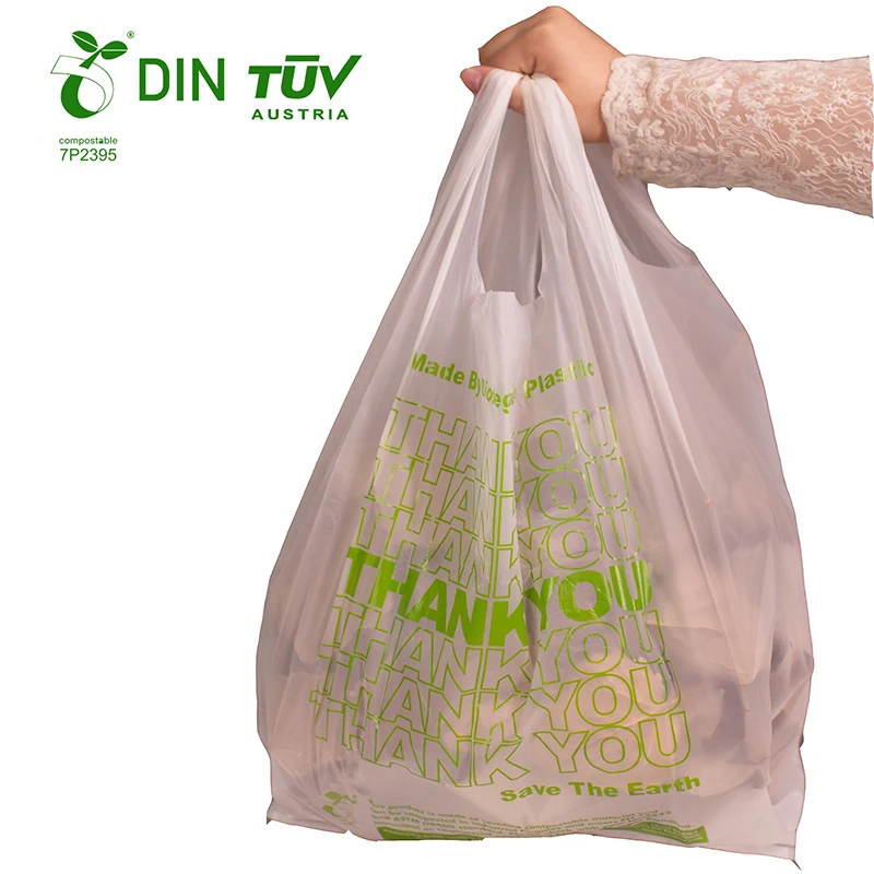 Thank You Biodegradable T-Shirt Bag Promotional Fabric Fashion Shopping Bags GRS Recycled Reusable Sustainable Plastic Vest Bags