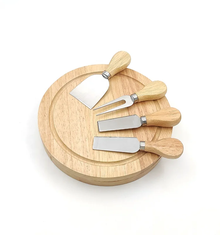 Hot Selling Medium Size Round Wood Cheese Cutting Board Set with 4 Pcs Cutlery,Chopper,Fork,Spreader,Cheese Tools Set