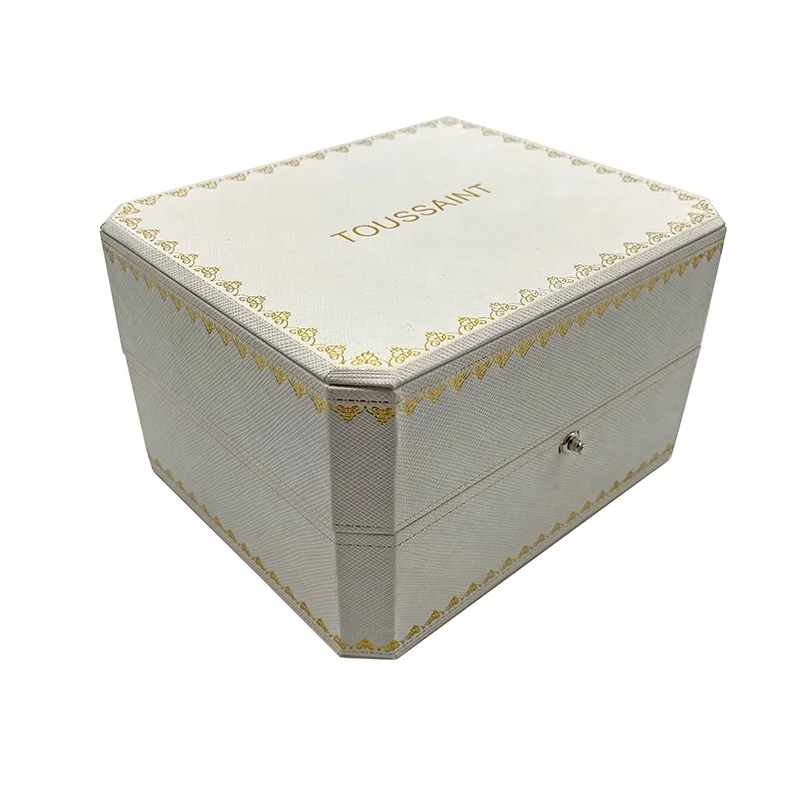White Texured PU Leather Pocket Watch Box Octagonal Plastic Watch Box with Open Button