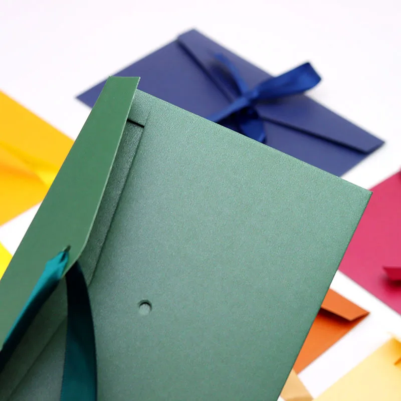 Customized logo printed pearl paper envelope memorial festival wedding gift card holder business envelope with ribbon bowknot