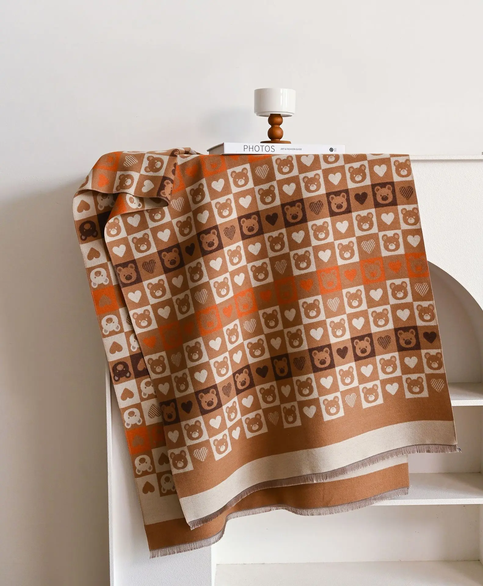 New Style Custom Brand Luxury Scarf Heart Bear Block Print Scarves Winter Women Cashmere Pashmina Scarf