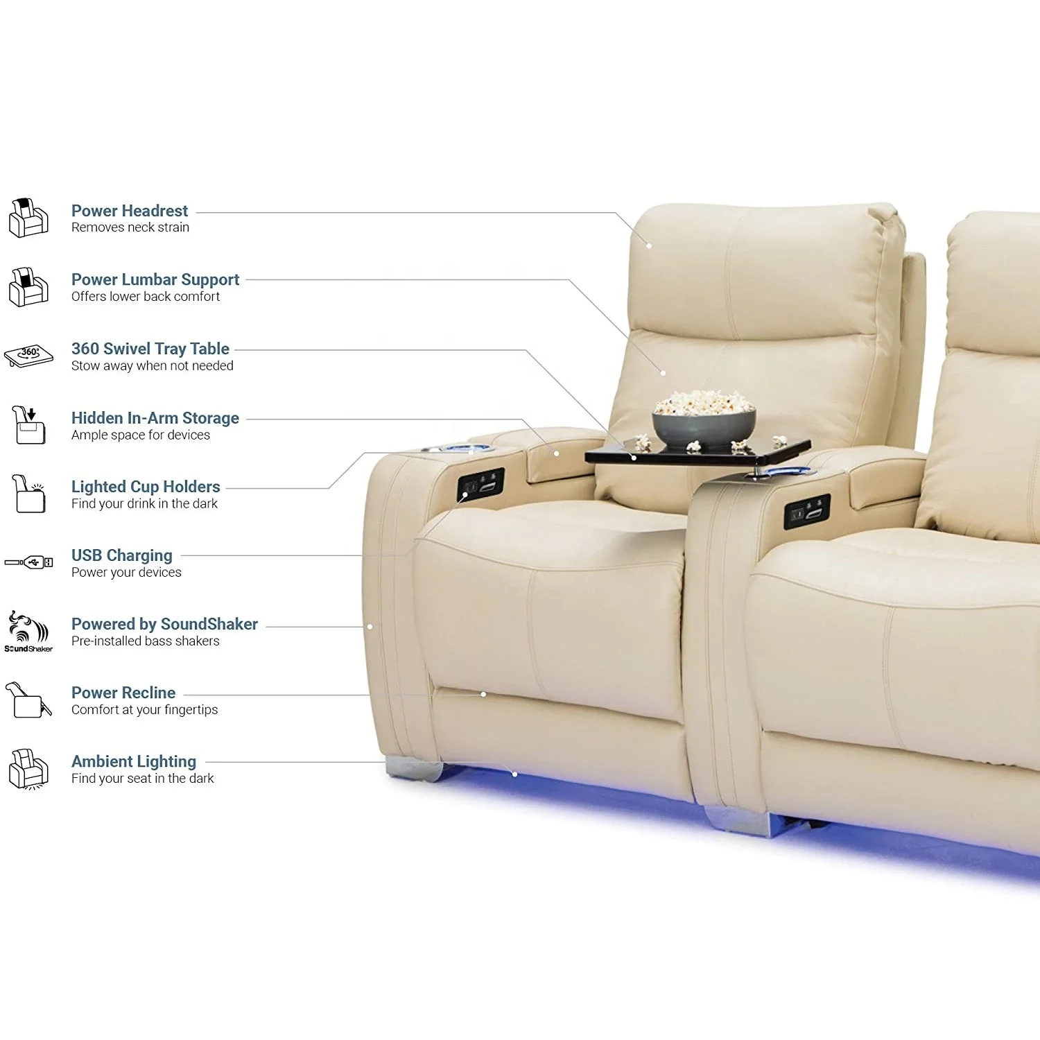 Geeksofa Morden Home Theater Power Electric Recliner Seating With Tray Table Headrest