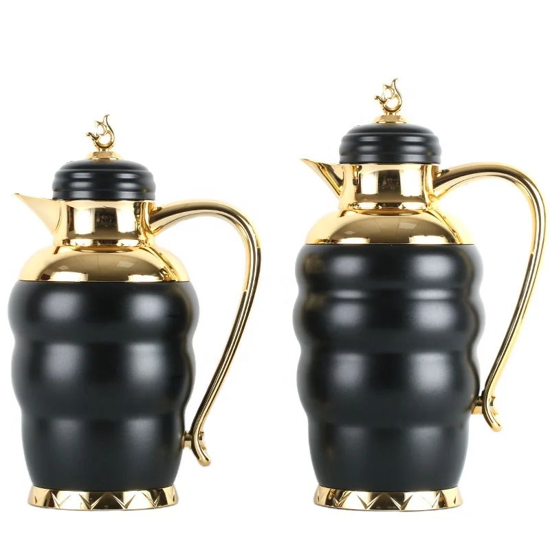Top Sale Arabic Tyre Shape 1.0L Black Metal Body Glass Vacuum Flask Hot and Cold Coffee Sets