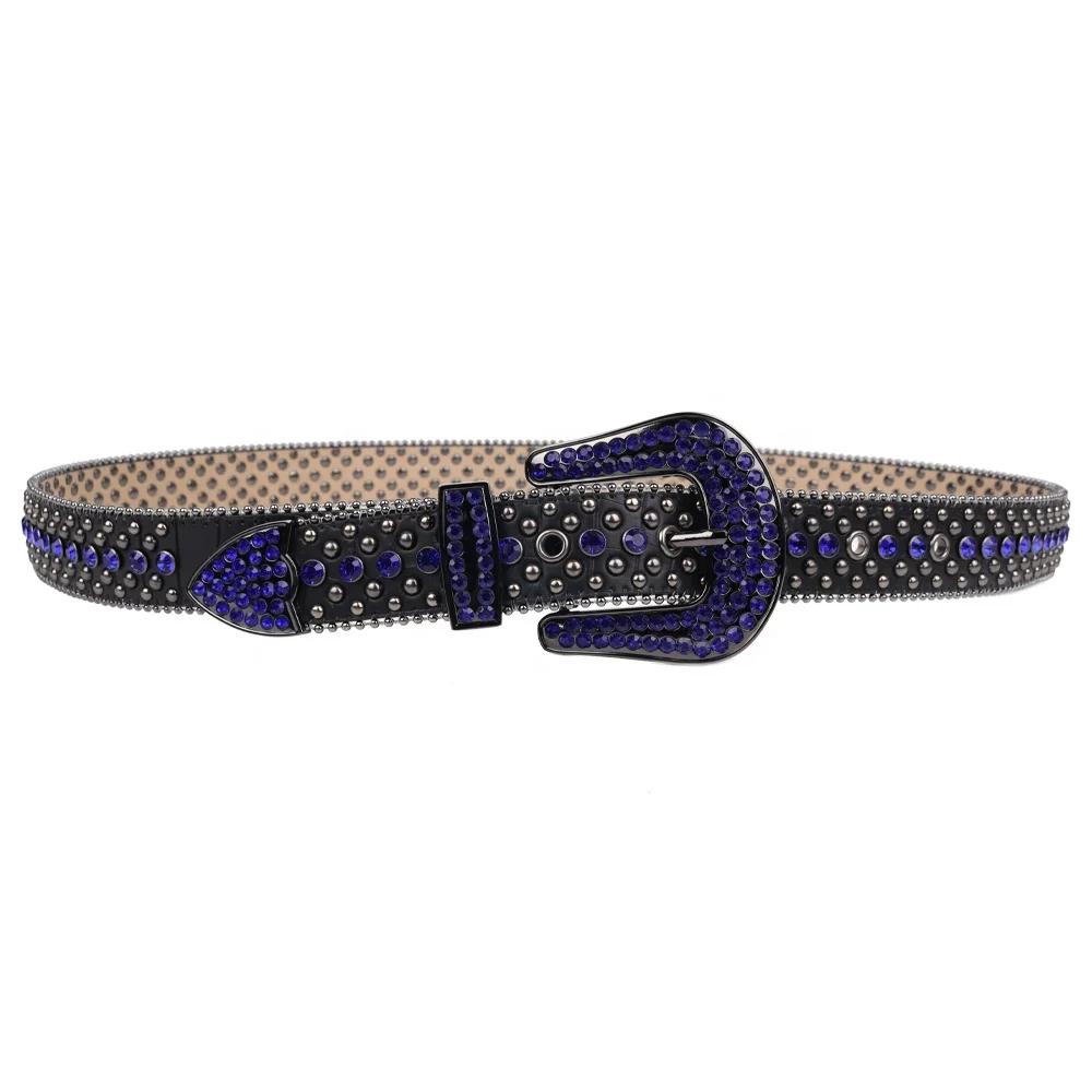 TENGMEI Retro Black Bling Bling Rhinestone Belt With Blue Diamonds And Round Rivets