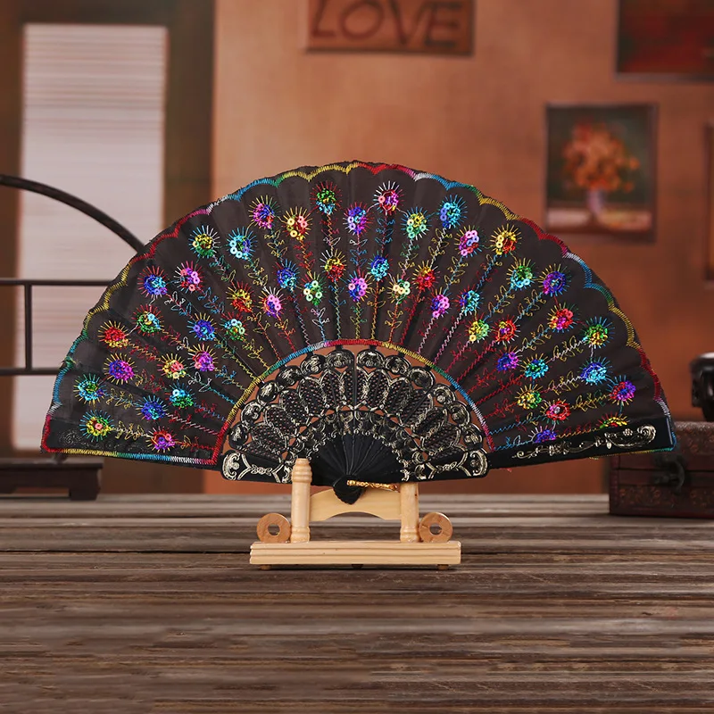 Classic Style Sequin Fan Embroidery Fan Dance Folding Fan For Gift