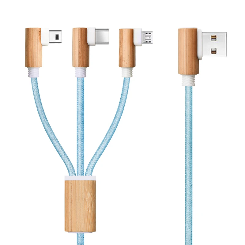 GRS Certified Eco Friendly Usb Cable Wood Hemp Rope Weaving Power Charging Cable Usb To Usb C 3 in 1 Charging Cable