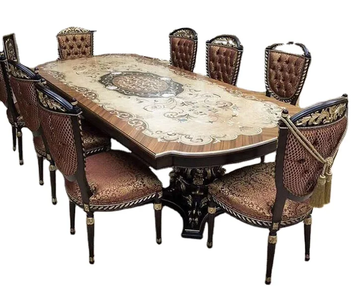 
antique furniture European Italian classical wooden flower handmade royal dinning table and chair 