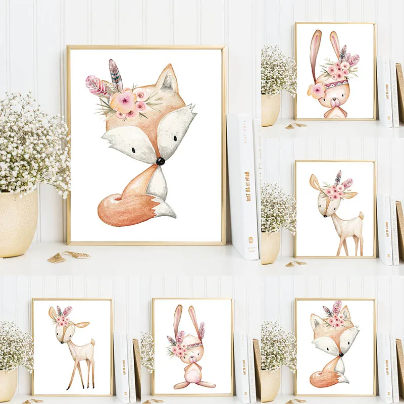 Nordic Style Cute Rabbit Fox Canvas Painting Animal Cartoon Wall Art Painting Poster Print Wall Pictures For Kids Bedroom Decor