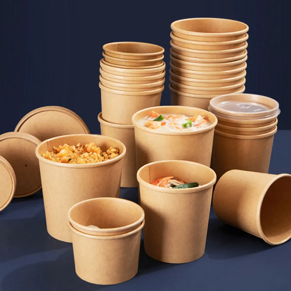 Customized Disposable Cup With Paper Lid Brown Kraft Take Out Logo Takeaway Packaged Compostable Eco Food Contain
