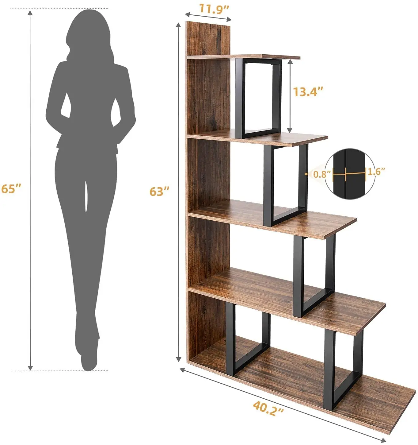 5-Tier L-Shape Bookshelf  Suitable for Living Room Bedroom Hallway Office,Industrial Vintage Freestanding Ladder Corner Bookcase