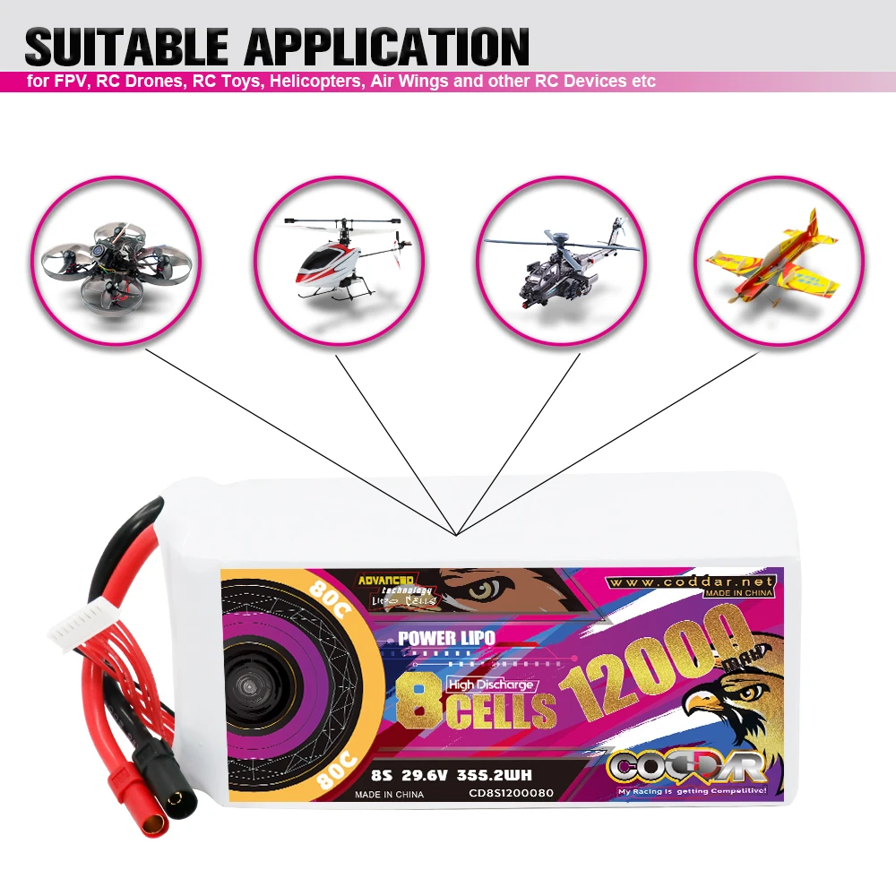 CODDAR 8S 12000MAH 29.6V 80C XT150 Connector RC LiPo Battery Large Scale Drone Agriculture Quadcopter Race Car Truck Buggy