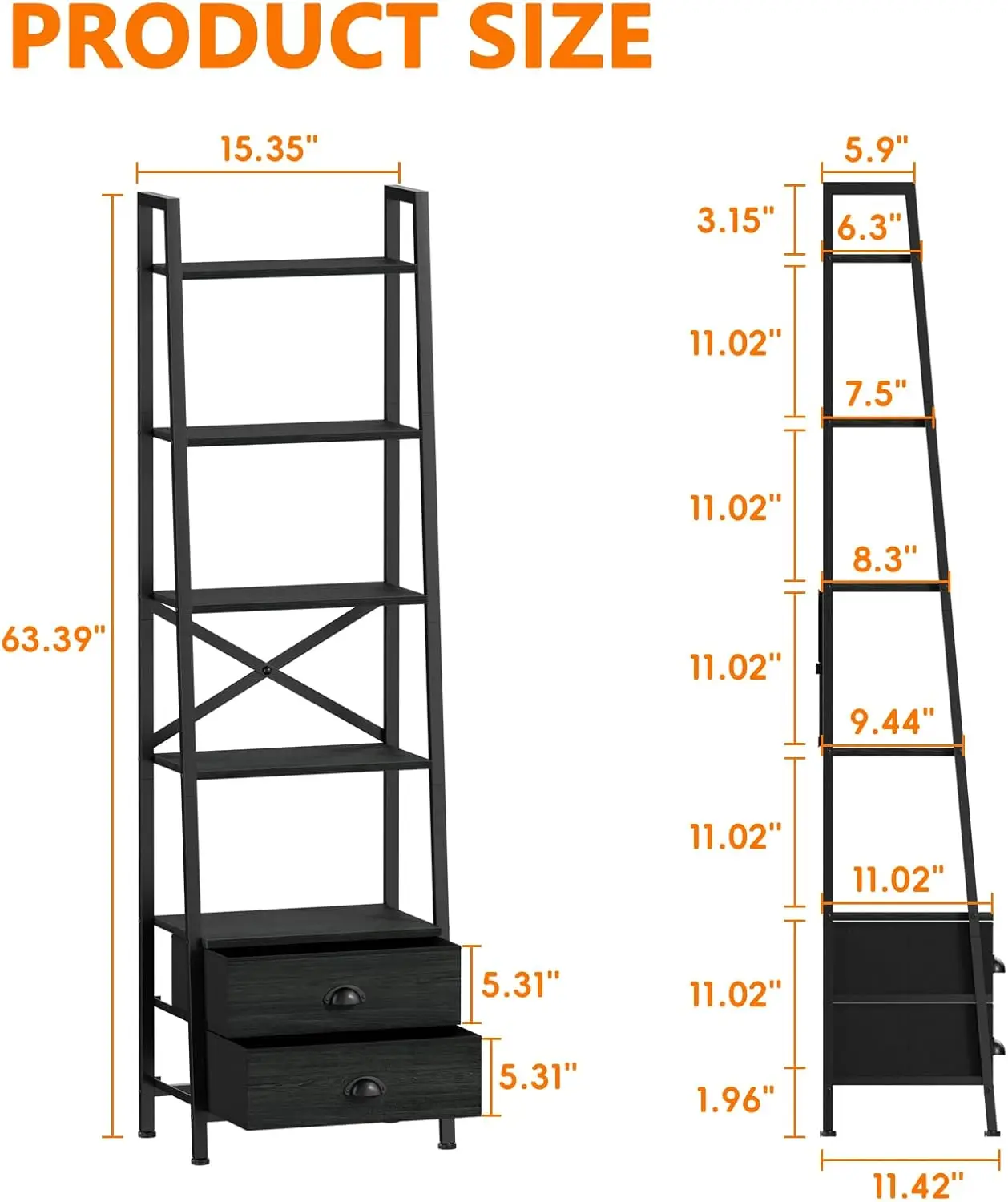 Bedroom Furniture Living Room Wood Metal Ladder Shelf Narrow Bookshelf Storage Shelves Industrial Bookcase 2 Drawers Shelf