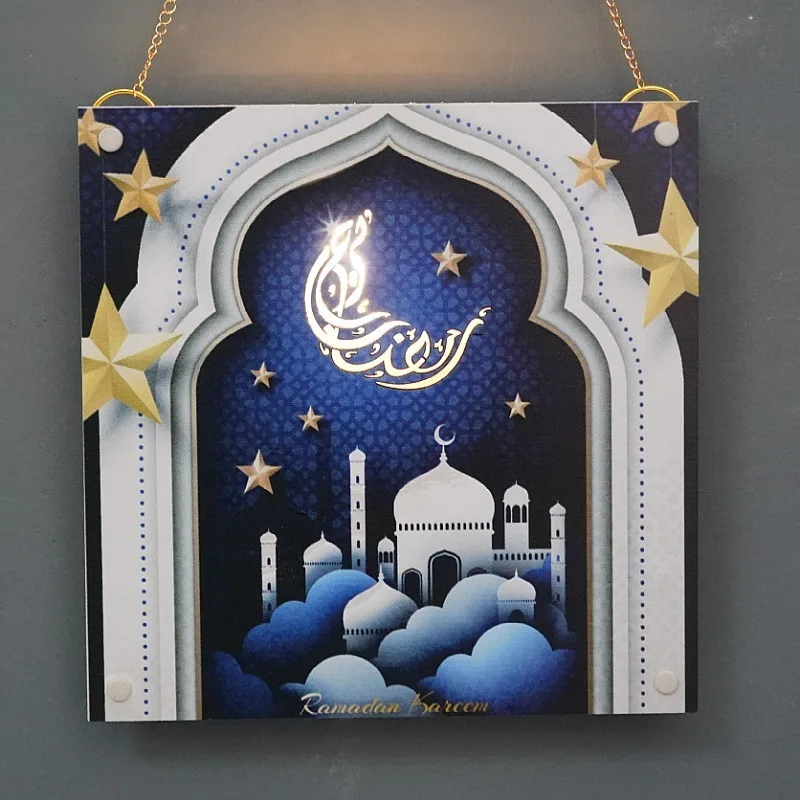 Muslim Home Decoration Ramadan Wooden LED Hanging Pictures Moon Lantern Mosque EID Wall Decoration