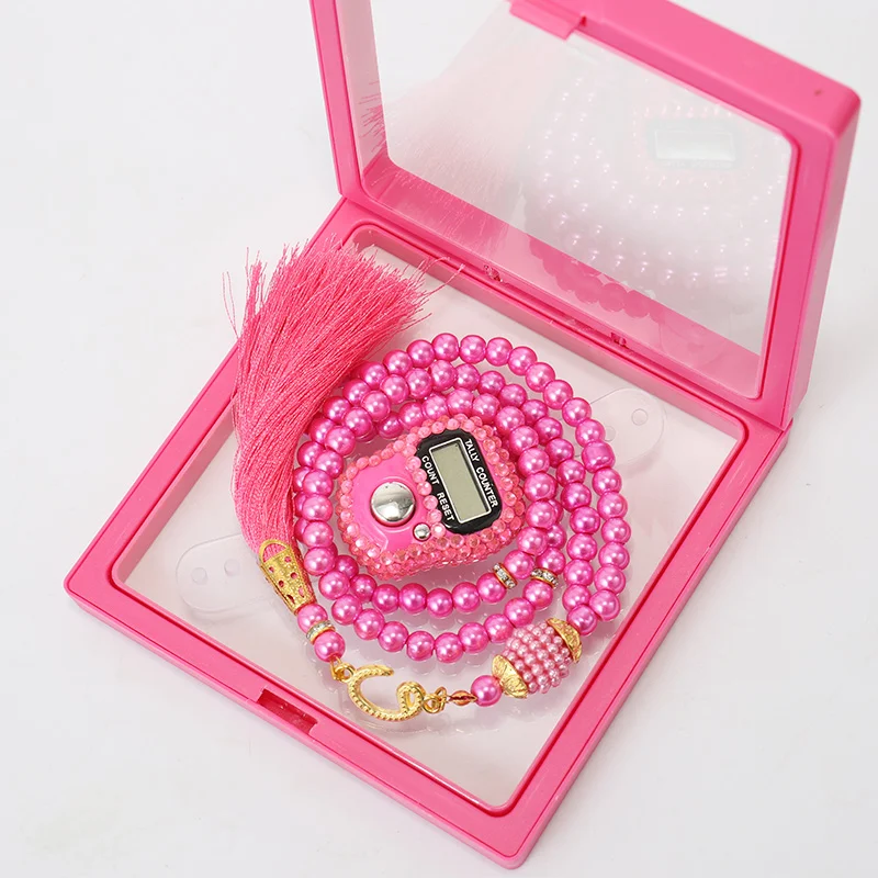 Religion Eid Ramadan Bright Pink 99 Beads Tasbihs Set Allah Islamic Prayer Tesbih Digital Rosary Glass Worry Muslim Beads