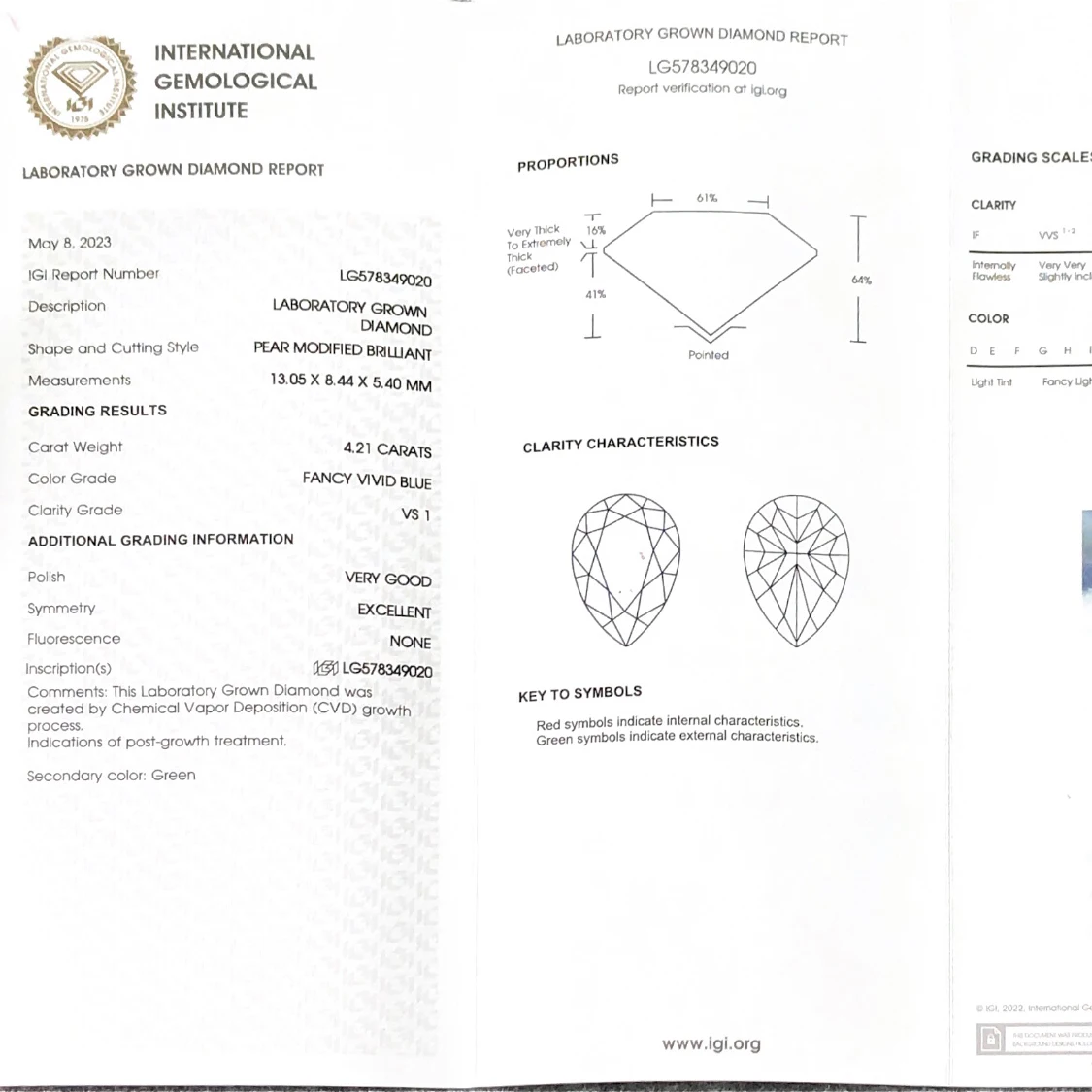 IGI Certified CVD Lab Grown Diamond Synthetic Fancy Vivid Blue Pear Cut Diamonds For Jewlery