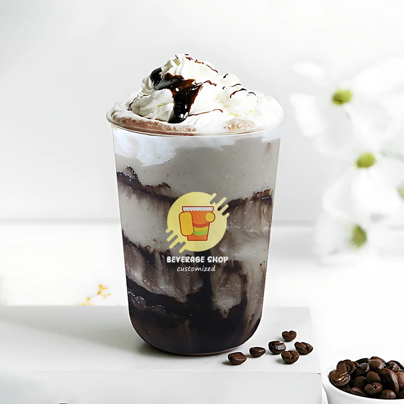 LOKYO Custom logo 10oz u shaped dessert cup takeaway disposable boba bubble tea plastic u shape cups