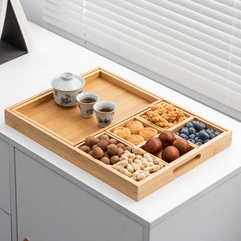 Bamboo Fruit Tray 7 piece set Kitchen Tea Serving Trays with Handle Home Multi-functional Dessert Breakfast Platter