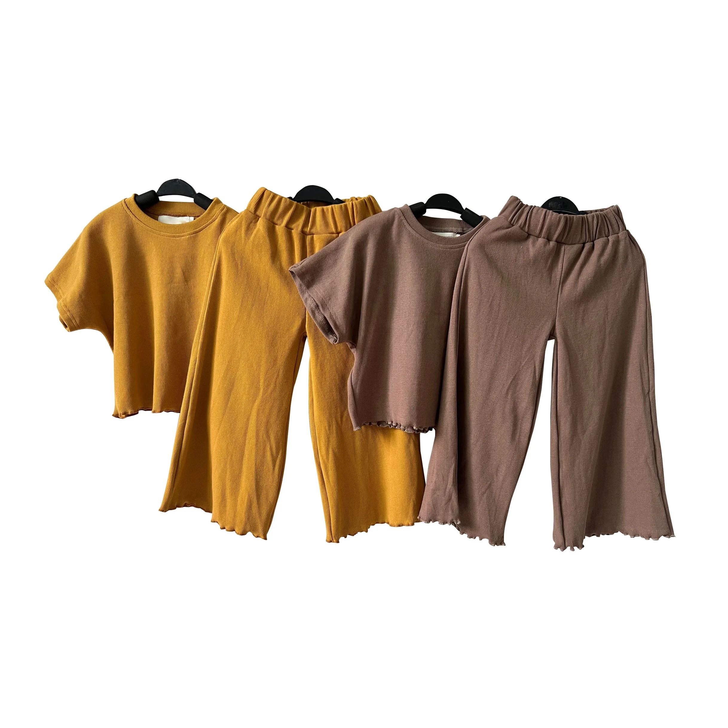 Custom girls kids 2 piece ribbed cotton set Cute girls summer clothing short sleeve top and wide leg pant set