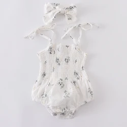 summer pink delicate baby girl infant jacquard cotton floral printing romper matching headband one-piece
