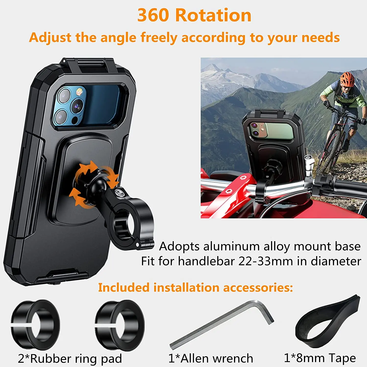 Universal bike Handlebar Mount Adjustable waterproof bicycle phone holder 360 degree bike mobile phone holder for motorcycle