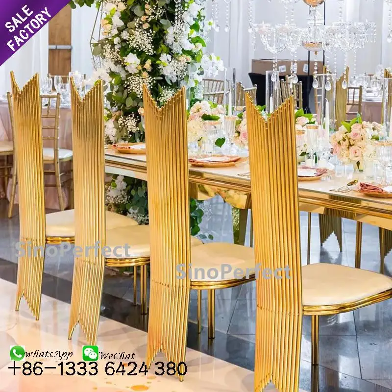 Hot Sale Modern Luxury Stackable Dinner Chairs White Golden Party Rental High Back Stainless Wedding Chairs